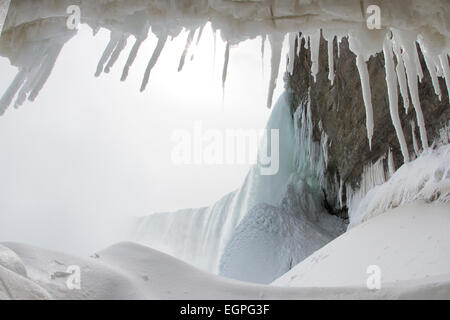 Ghiaccioli inquadratura vista delle cascate Horseshoe da sotto le cascate a Niagara congelate nei mesi invernali Foto Stock
