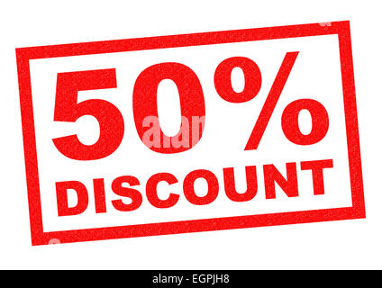 50% di sconto rosso timbro di gomma su uno sfondo bianco. Foto Stock