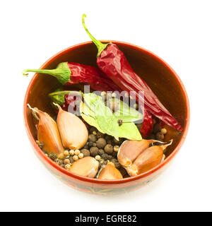 Spezie, la foglia di alloro, pepe, peperoncino e cipolla e aglio in una ciotola Foto Stock
