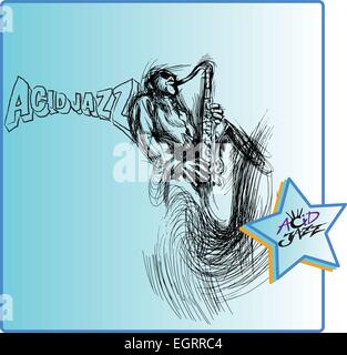 Una mano Illustrazione disegnata, Musica tema: Uomo suonare il sassofono Illustrazione Vettoriale