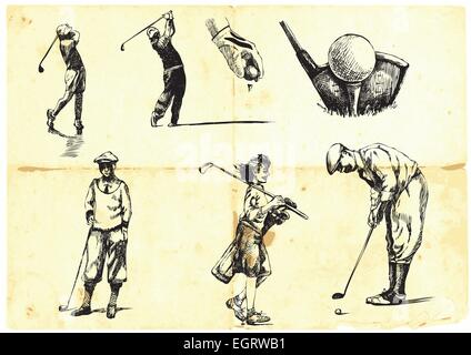 Raccolta di disegnati a mano Golf (disegno con un disco marcatore punta su carta vintage) Illustrazione Vettoriale