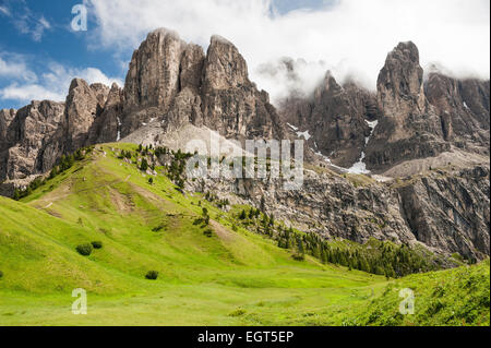 Massiccio del Sella, vista dal Passo Gardena, Passo Gardena, 2121m, Dolomiti a Selva di Val Gardena, Alto Adige, Trentino Alto Adige Foto Stock