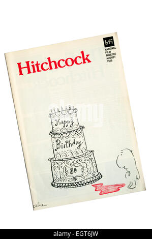 Brochure per agosto 1979 National Film stagione teatrale per celebrare l'ottantesimo compleanno di Alfred Hitchcock. Coprire da Mel Calman. Foto Stock