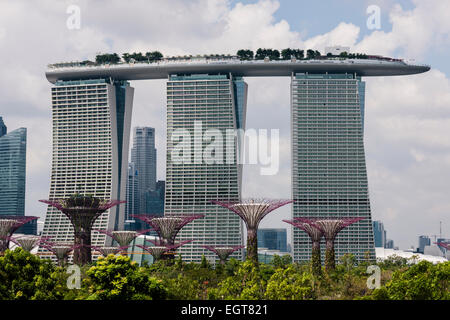 Vista di Marina Bay sands hotel e casino con 'Supertrees' in giardini dalla Baia di Singapore. Foto Stock