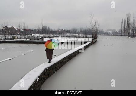 Srinagar Kashmir. 2 Marzo, 2015. Un uomo del Kashmir detiene un ombrello come egli cammina su una coperta di neve percorso durante la nevicata sulla periferia di Srinagar, capitale estiva di Indiano-Kashmir controllata, 2 marzo 2015. Nevicata in alto raggiunge e pianure di Indiano-Kashmir controllata lunedì aria interessato, dei servizi ferroviari e chiuso Srinagar-Jammu autostrada nazionale, l'unica strada di collegamento fra la regione del Kashmir in India. Credito: Xinhua/Alamy Live News Foto Stock