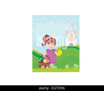 Abstract Easter card con la bambina e la Chiesa Illustrazione Vettoriale