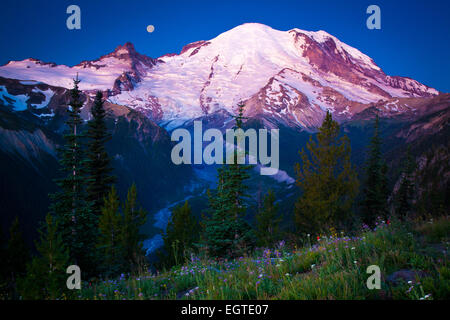Sunrise a Mount Rainier Sunrise dell area con il Fiume Bianco al di sotto di Foto Stock
