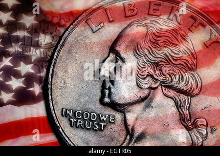 Close-up dettaglio su un Stati Uniti trimestre dollar coin - In God We Trust - Liberty. Foto Stock