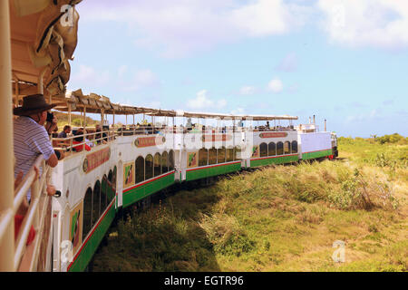 Scenic Railway treno che porta i turisti per un giro attraverso le vecchie piantagioni di zucchero in Saint Kitts, dei Caraibi Foto Stock