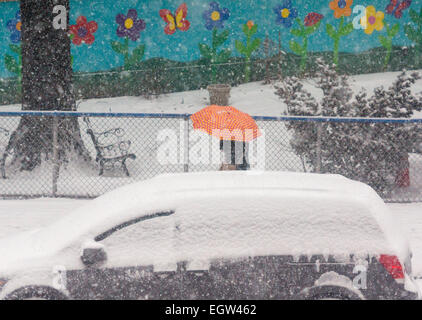 Un altro weekend storm hits New York Domenica, 1 marzo 2015 la caduta di cinque centimetri di neve a Central Park. La tempesta si prevede di lasciare il ghiaccio sulle strade rendendo il lunedì mattina pericolosi dei " commuters ". (© Richard B. Levine) Foto Stock