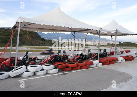 Righe di go kart, kart, Karting Miramar, Costa del Sol, Mijas Costa, Málaga, Spagna. Foto Stock