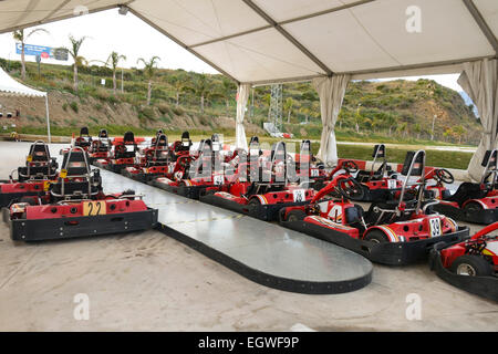 Righe di go kart, kart, Karting Miramar, Costa del Sol, Mijas Costa, Málaga, Spagna. Foto Stock