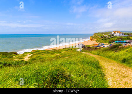 West Bay, Dorset. La posizione sulla spiaggia utilizzato per le riprese della serie TV Broadchurch Foto Stock