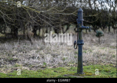 Vecchio azionato a mano, alternativo volumetrico ghisa ghisa pompa acqua in un campo dello Yorkshire. Foto Stock