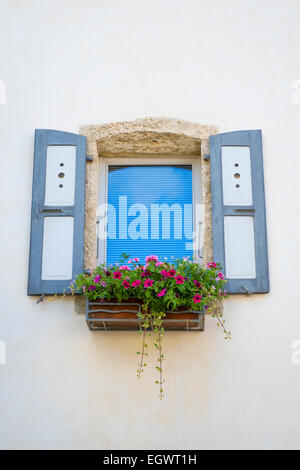 Finestra con persiane e fiori in una finestra casella in Francia, Europa Foto Stock