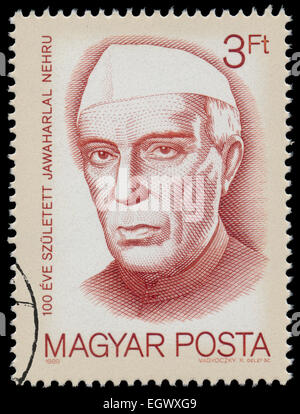 Ungheria - circa 1989: timbro stampato in Ungheria, mostra il centesimo anniversario della nascita di Jawaharlal Nehru, 1889-1964, circa 1 Foto Stock