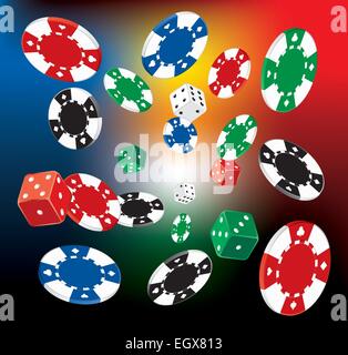 Illustrazione di vettore di chip del poker e dadi su sfondo sfocato Illustrazione Vettoriale