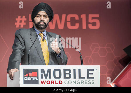 Barcellona, Spagna. 3 Marzo, 2015. L'Hospitalet De Llobregat, Catalogna, Spagna - AJAY BANGA, Presidente e CEO di Mastercard, parla a un keynote durante il Mobile World Congress 2015 a Barcellona Credito: Matthias Oesterle/ZUMA filo/ZUMAPRESS.com/Alamy Live News Foto Stock