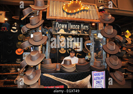 Houston, Stati Uniti d'America. 3 Mar, 2015. Un uomo vende cappelli da cowboy durante il 2015 Houston Livestock Show e Rodeo in Honston, gli Stati Uniti, 3 marzo 2015. I tre-settimana mostra aperta al NRG Park Martedì. Credito: Zhang Yongxing/Xinhua/Alamy Live News Foto Stock