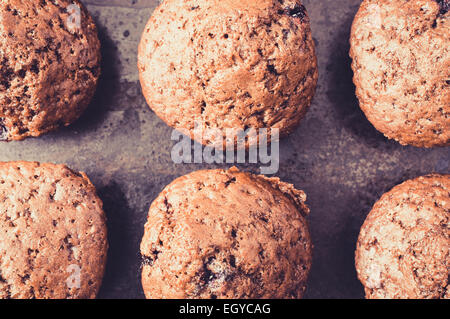 Muffin al cioccolato con frutti di bosco su una placca da forno. Vista superiore Foto Stock