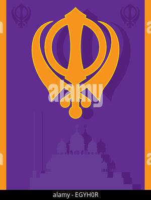 Una illustrazione di un religioso Sikh biglietto di auguri con emblema militare e gurdwara in viola e colori di zafferano Foto Stock