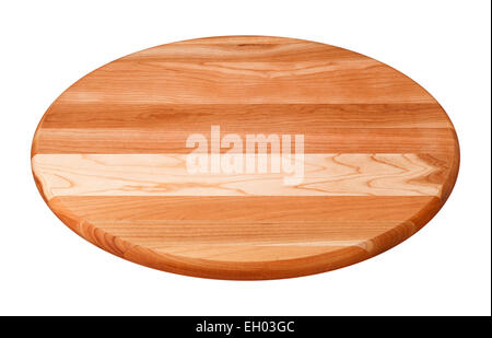 Round tagliere di legno isolato su bianco. Foto Stock