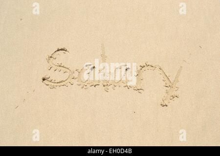 Disegnata a mano di una parola stipendio sulla spiaggia Foto Stock