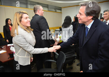 Il vice Segretario di Stato Antonio "Tony" Blinken parla con junior officer presso l'U.S. Ambasciata a Seoul, in Corea del Sud il 9 febbraio 2015. Foto Stock