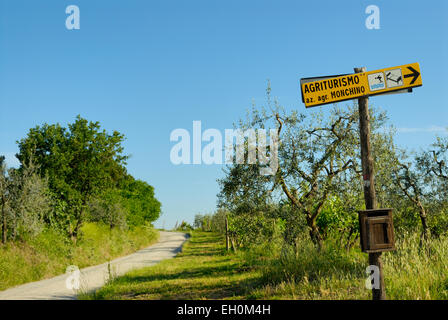 Country Road passando attraverso i terreni agricoli con segno agriturismo vicino a San Gimignano, Toscana, Italia Foto Stock