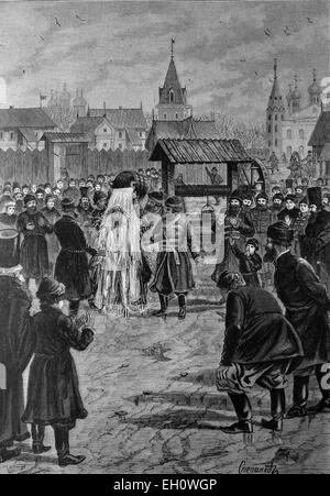 Vecchie tradizioni russe, la colata di acqua su persone che non frequentano servizio in chiesa la domenica di Pasqua, storico, illustrazione, circa 1886 Foto Stock