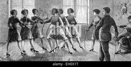 Le donne della scuola di scherma in Vienna, storico illustrazione, circa 1886 Foto Stock