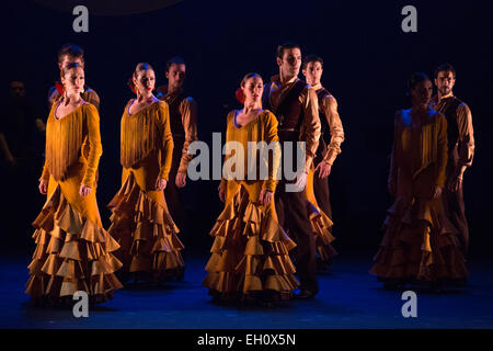 Photocall per Ballet Nacional de España. La società esegue "Feria', la sequenza di apertura del pezzo 'suite Sevilla", con la coreografia di Antonio Najarro, direttore artistico del Ballet Nacional de España, dal 26 al 28 febbraio 2015 a: Sadler's Wells Theatre. Feria è eseguita da 20 ballerini e 1 cantante (Saray Muñoz). La performance è parte del Festival di Flamenco Londra 2015 che corre fino al 1 marzo. Foto Stock