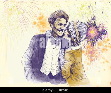 Una mano Illustrazione disegnata e dipinta vettore - coppia felice contro il cielo pieno di stelle (fuochi d'artificio a mezzanotte) Illustrazione Vettoriale