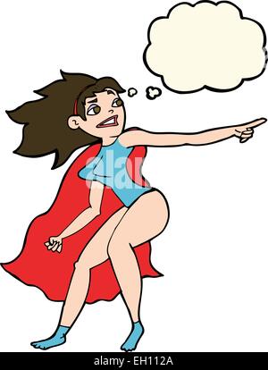 Cartoon superhero donna con puntamento fumetto pensiero Illustrazione Vettoriale