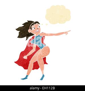 Cartoon superhero donna con puntamento fumetto pensiero Illustrazione Vettoriale