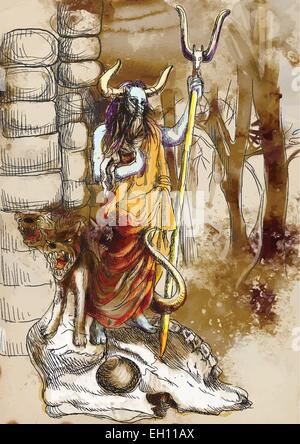 Un disegnati a mano illustrazioni vettoriali in antichi miti greci: HADES (era il greco antico dio degli inferi) e CERBERUS (hel Illustrazione Vettoriale