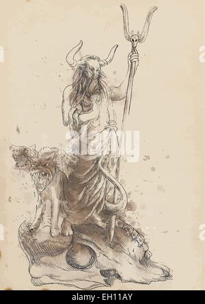 Un disegnati a mano illustrazioni vettoriali in antichi miti greci: HADES (era il greco antico dio degli inferi) e CERBERUS (hel Illustrazione Vettoriale