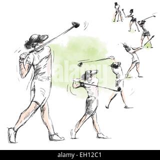 Argomento: GOLF (complesso moto, Golf swing). Un disegnati a mano illustrazione convertito nel vettore. Il vettore è facilmente modificabile in strati di un Illustrazione Vettoriale