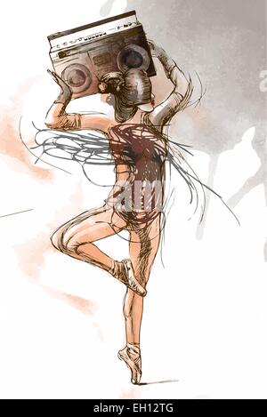 Hip-hop Geisha. Una donna che mantiene sopra la sua testa registratore a nastro. Un disegnati a mano - Illustrazione Vettore è modificabile in tre layer Illustrazione Vettoriale