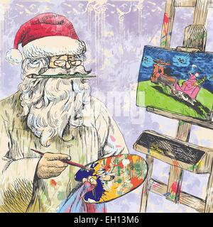 Una mano Illustrazione disegnata e dipinta vettore - Santa Claus come pittore (fabbricato da regalo) Illustrazione Vettoriale