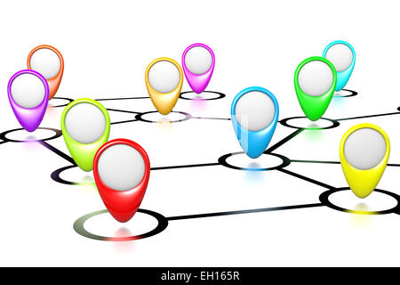 Mappa dei collegamenti con puntatori a vuoto su sfondo bianco 3D illustrazione Foto Stock