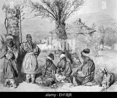 Un Tuaregs camp in un oasi del Sahara, Algeria, storico illustrazione, 1877 Foto Stock