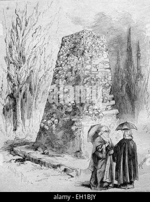 Piramide, Kele Kaleffi di teschi dei cristiani uccisi dai Turchi in Risch, vecchio Serbia, nel 1809, la Serbia, storico illustrazione, 1877 Foto Stock