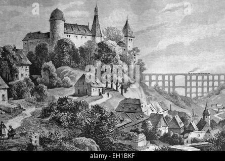 Burg Mylau il castello e il ponte Goeltztalbruecke nel Vogtland sassone, Sassonia, Germania, illustrazione storico circa 1893 Foto Stock