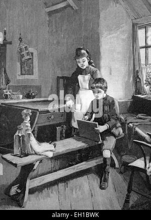 Disegno del ragazzo la sorella doll, illustrazione storico circa 1893 Foto Stock