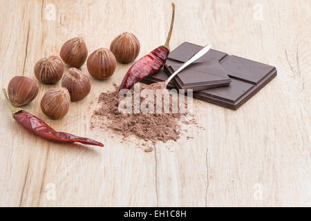 Una vista frontale di chili di cioccolato, nocciole,chili e coperto di cucchiaino di cacao. Foto Stock