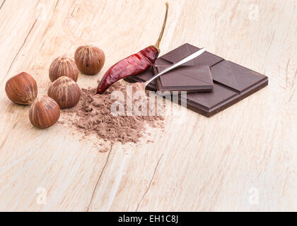 Una vista frontale di chili di cioccolato, nocciole,chili e coperto di cucchiaino di cacao. Foto Stock