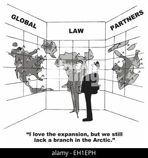 Cartoon di global partner legge branch office mappa, io amo l'espansione, ma ci manca ancora un ramo nell'Artico. Illustrazione Vettoriale