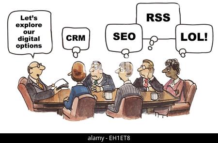 Cartoon di sale riunioni, business capo sostiene che consentono di esplorare le nostre opzioni digitali e i membri del team pensa: CRM, SEO, RSS, lol. Illustrazione Vettoriale