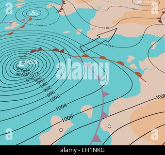 Modificabile illustrazione vettoriale di un generico angolo mappa meteo mostra una tempesta depressione Illustrazione Vettoriale